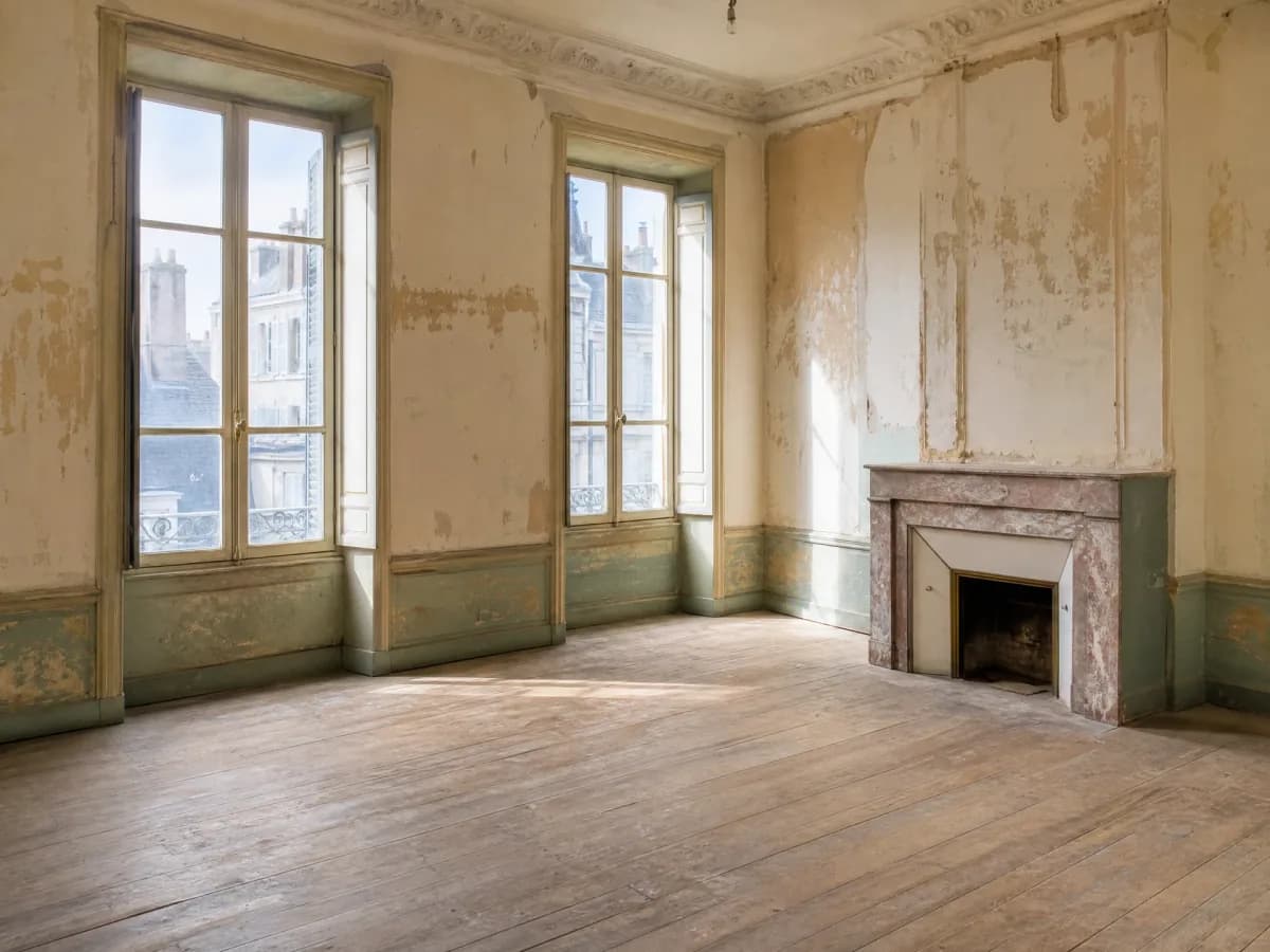 Salon d'un appartement ancien à rénover, cheminée en marbre