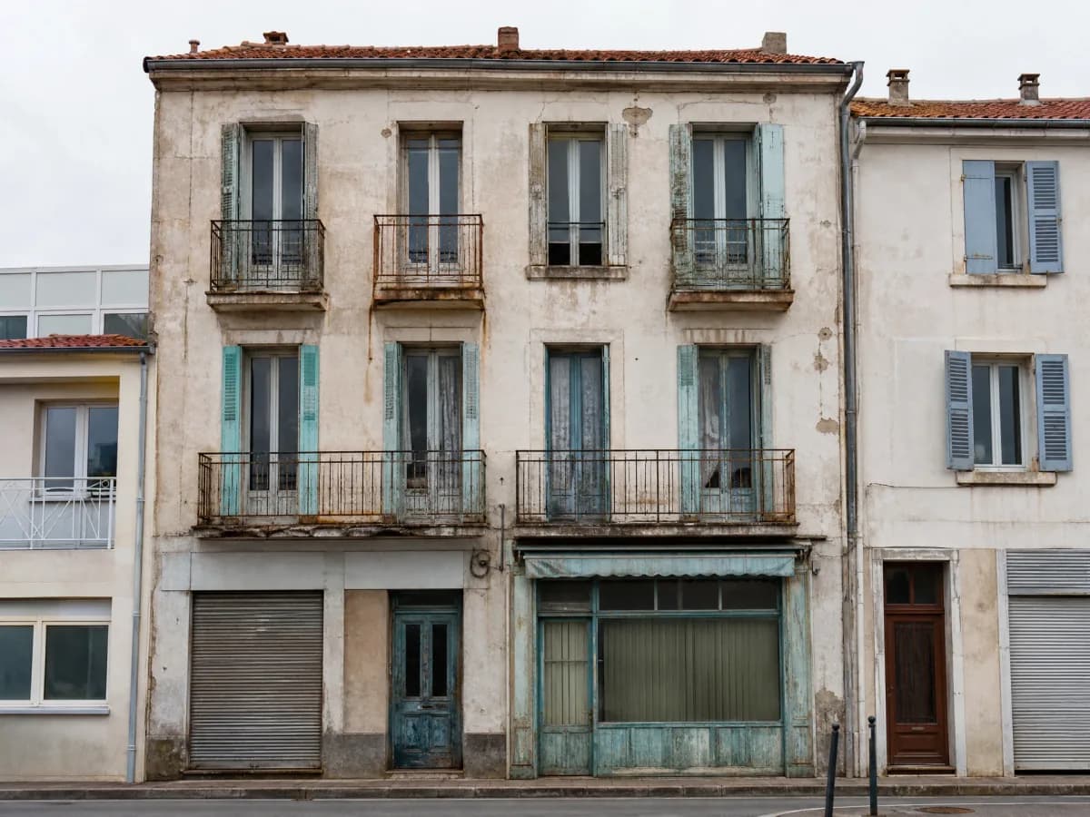 Façade d'un immeuble ancien avec local commercial en rez-de-chaussée