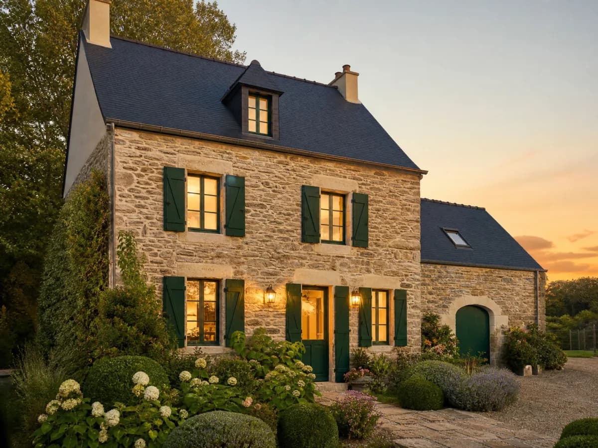 Maison bretonne en pierre aux volets verts, au crépuscule